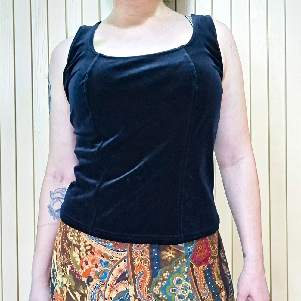Vintage 90s Christie & Jill Black Stretch Velvet Princess Seam Corset-Style Top